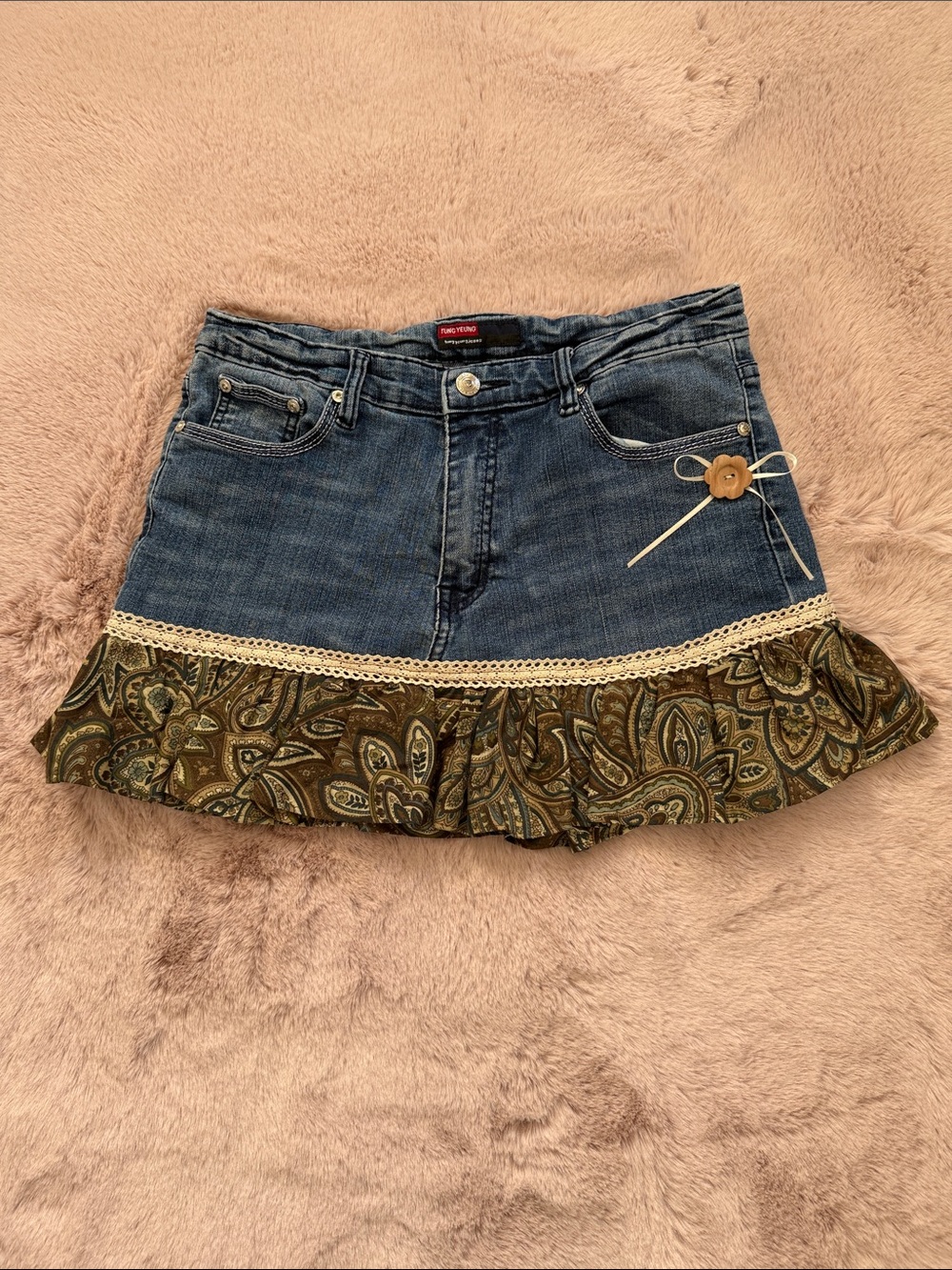 Vintage-Inspired Custom Made Boho Denim Mini Skirt with Olive Paisley Ruffle